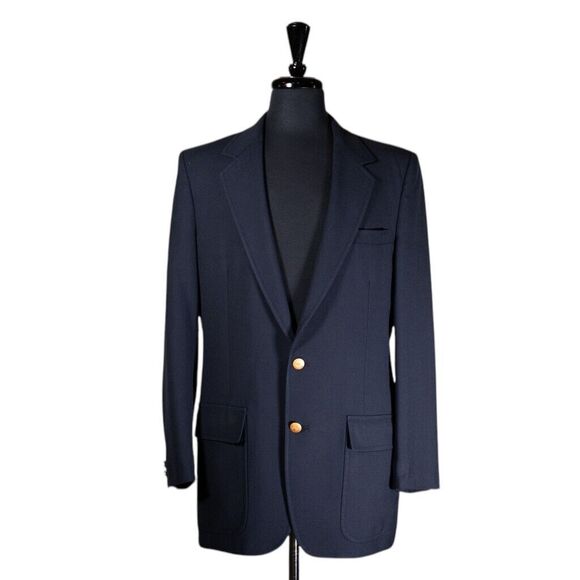 Palm Beach Mens Blazer Blue Wool Blend Gold 2 Button Lined Jacket Sport Coat 40L - Picture 1 of 8